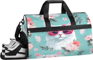 Sports Gym Bag Women Men with Wet Pocket & Shoes Compartment, White Cat Pink Glass Travel Duffel Bag, Workout Dance Bag Tote Bags, Carry On Weekender