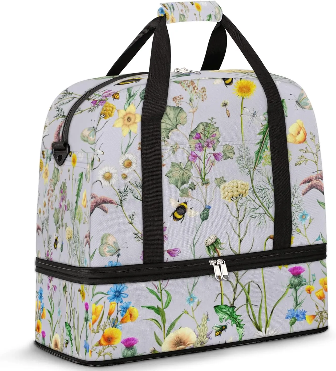 Spring Flowers Bee Floral Foldable Travel Duffel Bag Tote Carry on Luggage Sport Duffle for Women Men Gym Bag Overnight Weekender Bags with Shoe Compartments & Shoulder Strap