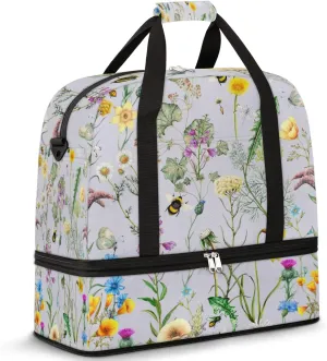 Spring Flowers Bee Floral Foldable Travel Duffel Bag Tote Carry on Luggage Sport Duffle for Women Men Gym Bag Overnight Weekender Bags with Shoe Compartments & Shoulder Strap