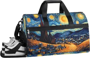 Starry Sky Town Resistant Sports Gym Bag for Women Men Travel Duffel bag with Wet Pocket & Shoes Compartment Waterproof Weekender Bag 19.7"x9.9"x13"