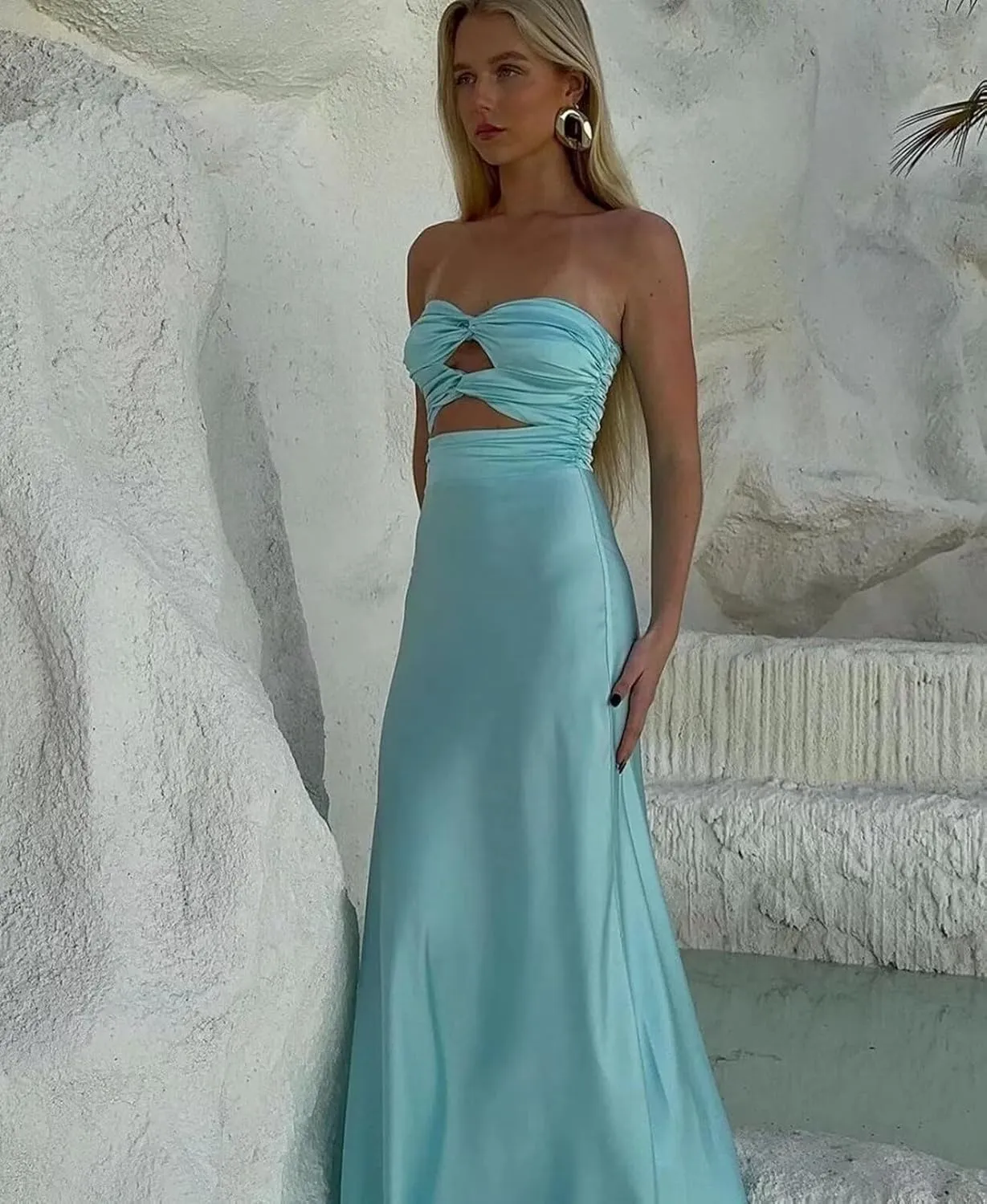Strapless Corset Prom Dresses for Women 2025 Long Pleated Satin Bridesmaid Formal Gown