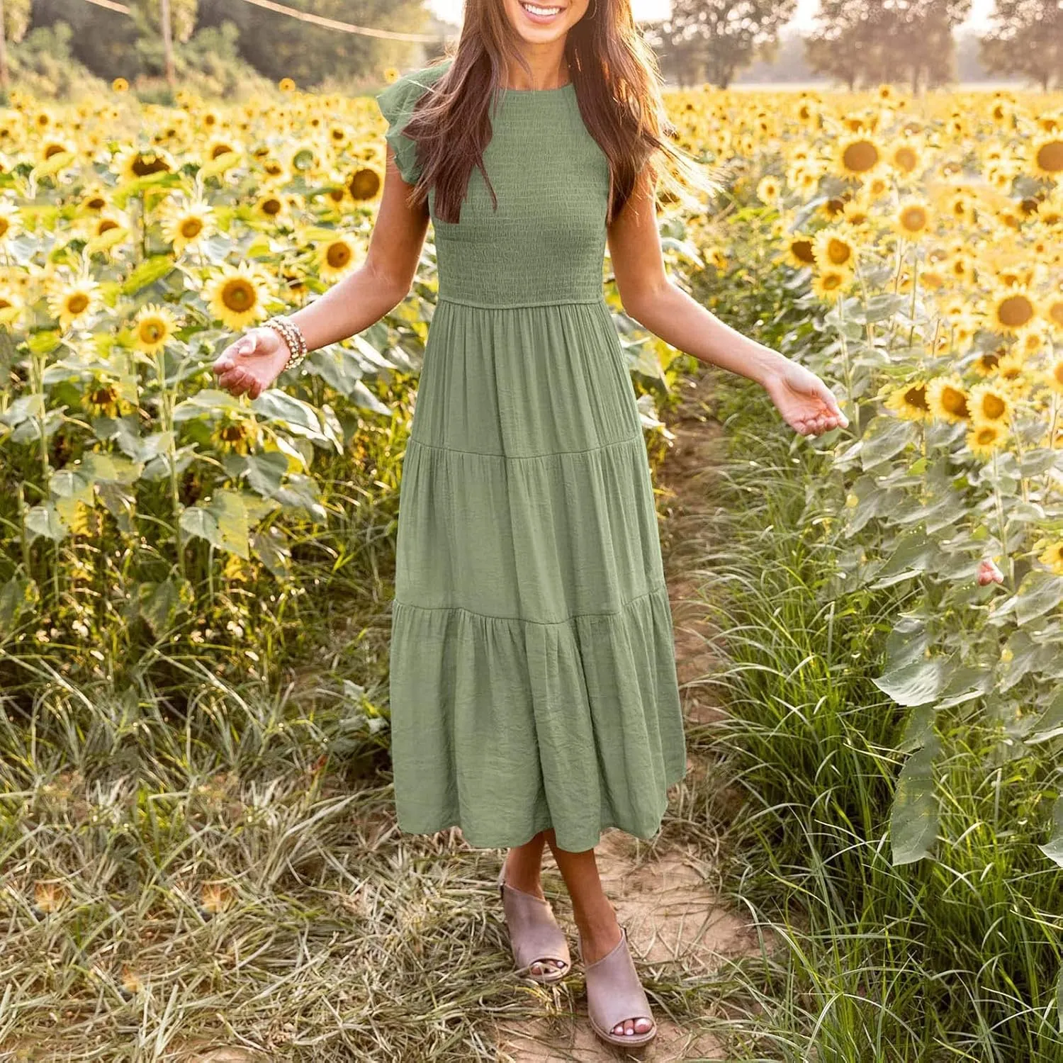 Summer Maxi Dresses for Women 2025 Scoop Neck Boho Sundresses Sleeveless Spaghetti Strap Sexy Dress Ruffle Line Casual