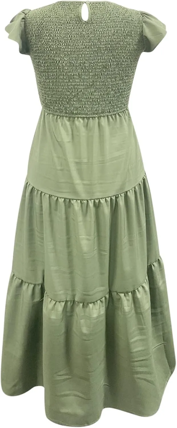 Summer Maxi Dresses for Women 2025 Scoop Neck Boho Sundresses Sleeveless Spaghetti Strap Sexy Dress Ruffle Line Casual