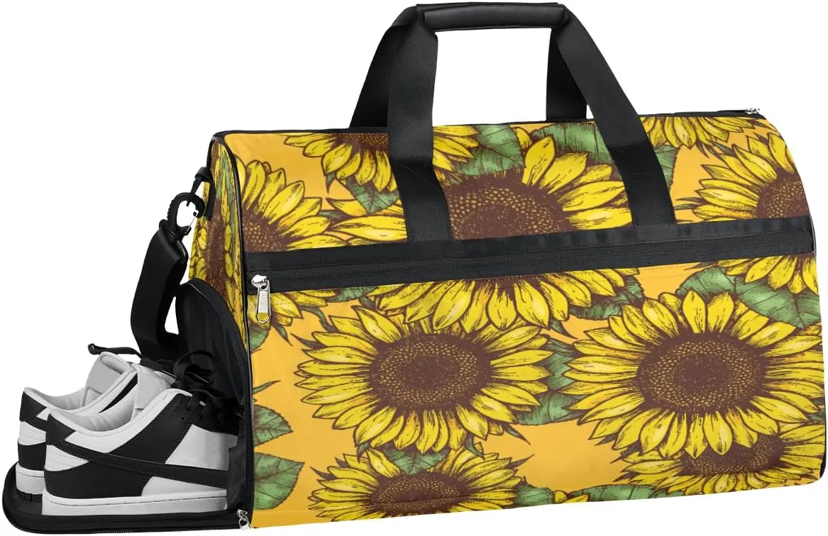 Sunflower Fabric Background Resistant Sports Gym Bag for Women Men Travel Duffel bag with Wet Pocket & Shoes Compartment Waterproof Weekender Bag 19.7"x9.9"x13"