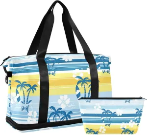 susiyo Duffel Bags Gym Bag for Women, Summer Palm Trees with Blue Yellow Stripes Sports Travel Duffel Bag with Shoes Compartment, Perfect for Travel, Gym