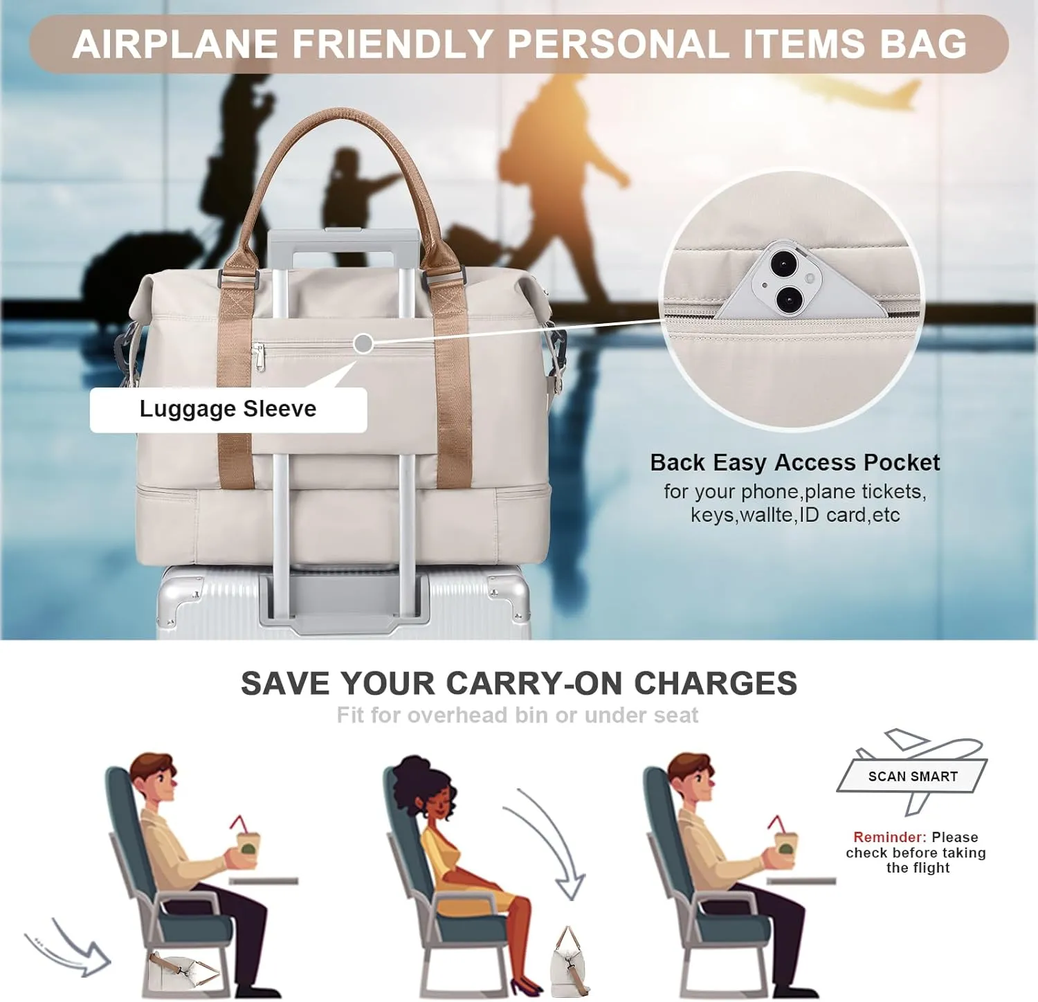 Travel Bag with Shoes Compartment,Weekender Bags for Women Travel,Carry On Duffel Bag with Trolley Sleeve & Wet Pocket, Beige&Brown, Medium, Medium-travel Bag