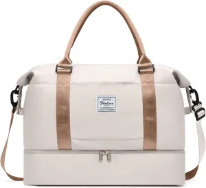 Travel Bag with Shoes Compartment,Weekender Bags for Women Travel,Carry On Duffel Bag with Trolley Sleeve & Wet Pocket, Beige&Brown, Medium, Medium-travel Bag