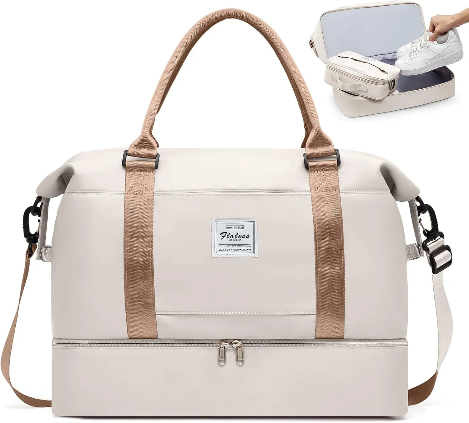 Travel Bag with Shoes Compartment,Weekender Bags for Women Travel,Carry On Duffel Bag with Trolley Sleeve & Wet Pocket, Beige&Brown, Medium, Medium-travel Bag