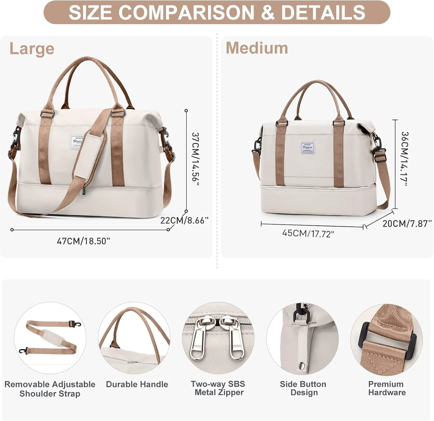 Travel Bag with Shoes Compartment,Weekender Bags for Women Travel,Carry On Duffel Bag with Trolley Sleeve & Wet Pocket, Beige&Brown, Medium, Medium-travel Bag