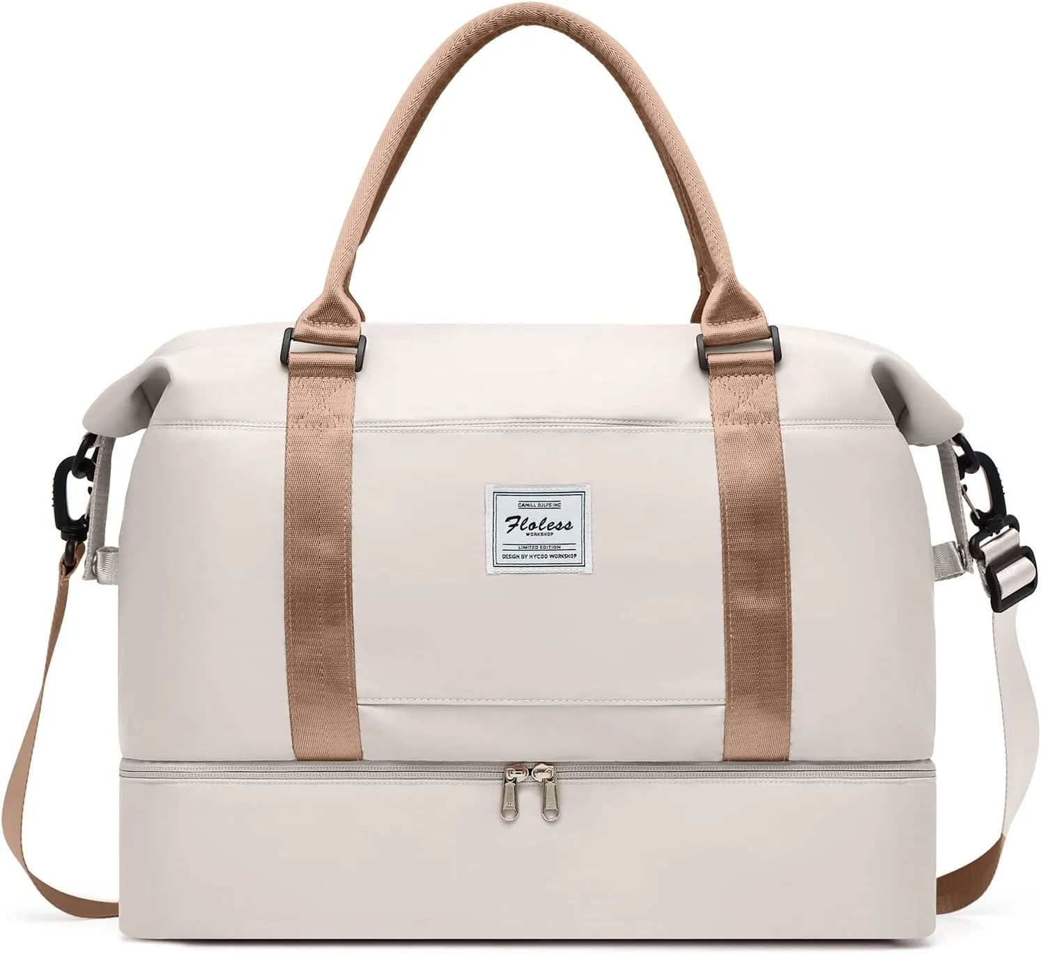 Travel Bag with Shoes Compartment,Weekender Bags for Women Travel,Carry On Duffel Bag with Trolley Sleeve & Wet Pocket, Beige&Brown, Medium, Medium-travel Bag