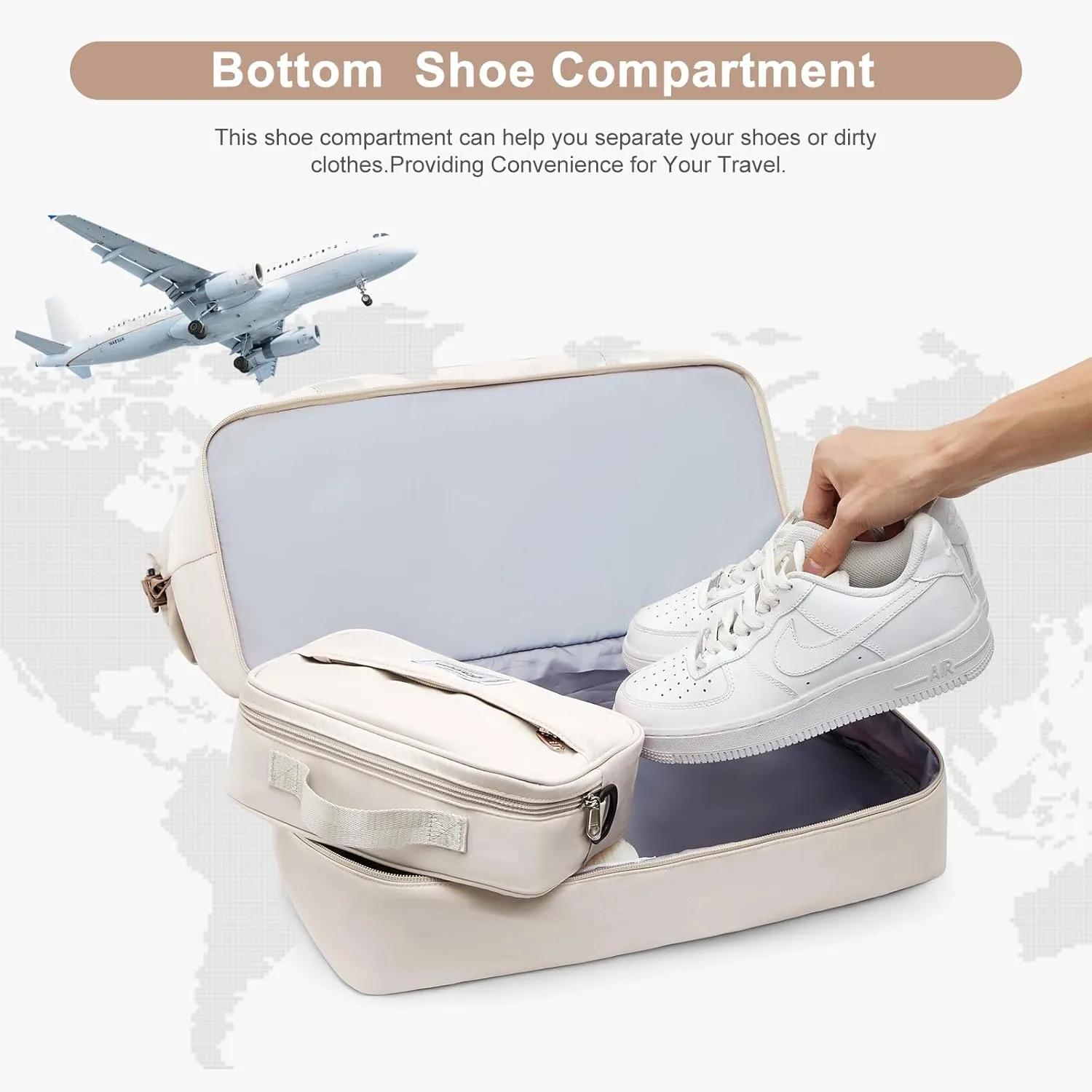 Travel Bag with Shoes Compartment,Weekender Bags for Women Travel,Carry On Duffel Bag with Trolley Sleeve & Wet Pocket, Beige&Brown, Medium, Medium-travel Bag