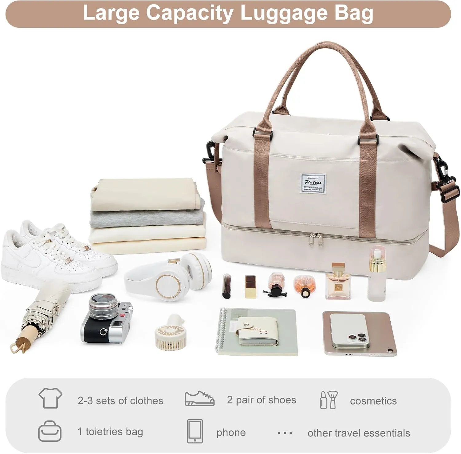 Travel Bag with Shoes Compartment,Weekender Bags for Women Travel,Carry On Duffel Bag with Trolley Sleeve & Wet Pocket, Beige&Brown, Medium, Medium-travel Bag