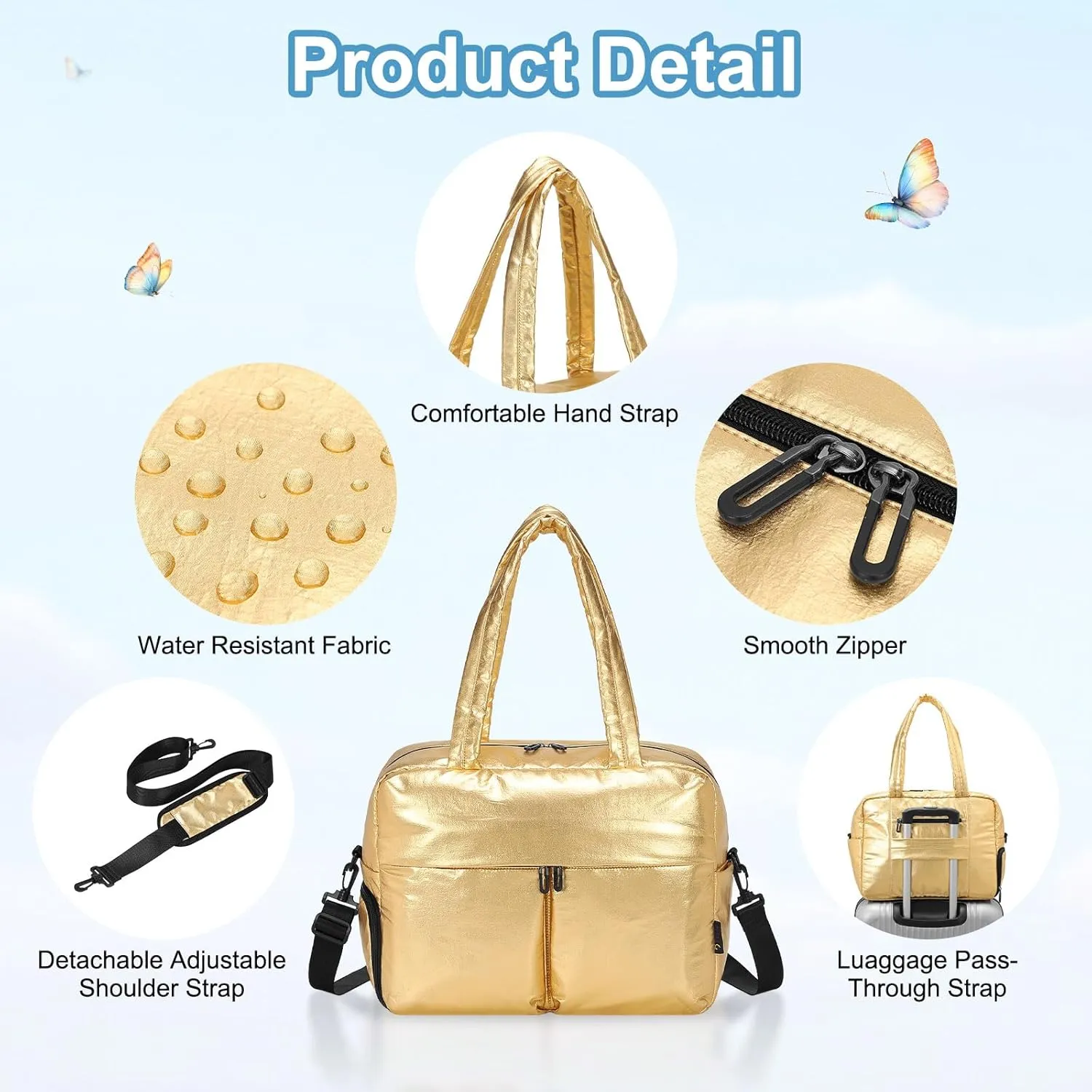 Travel Duffel Bag, 20L Weekend Bag for Women, Gym Bag with Shoes Compartment, Luggage Overnight Carry on Bag with Wet Pocket for Travel Camping, Gold