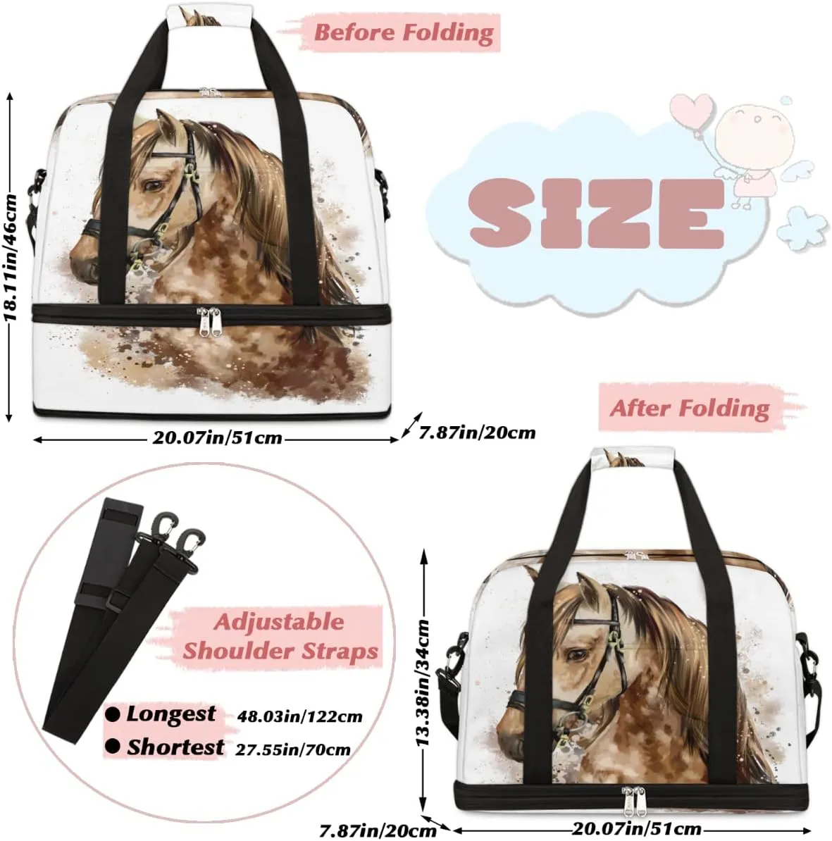Travel Duffel Bag, Sport Gym Bag with Shoe Compartment Shoulder weekender Bag Foldable Overnight Bag for Women Men, Horse-02, One Size