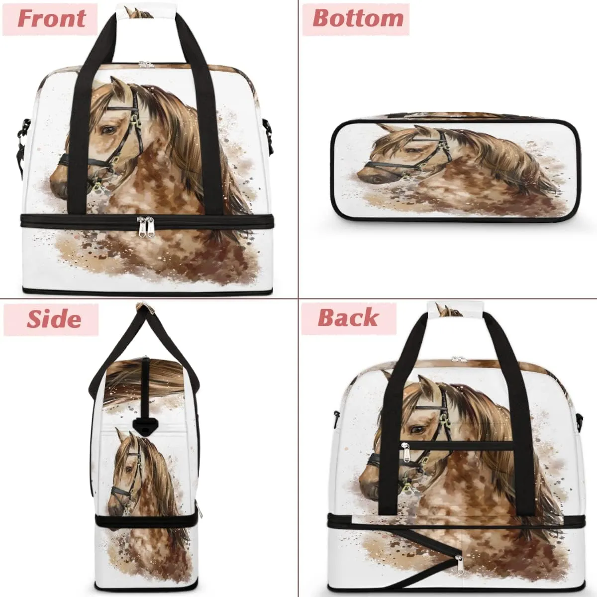 Travel Duffel Bag, Sport Gym Bag with Shoe Compartment Shoulder weekender Bag Foldable Overnight Bag for Women Men, Horse-02, One Size