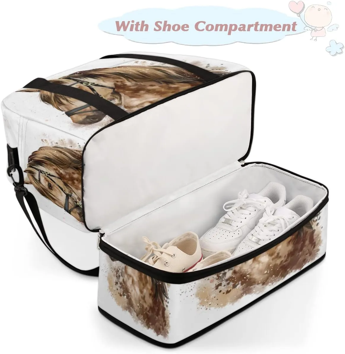 Travel Duffel Bag, Sport Gym Bag with Shoe Compartment Shoulder weekender Bag Foldable Overnight Bag for Women Men, Horse-02, One Size