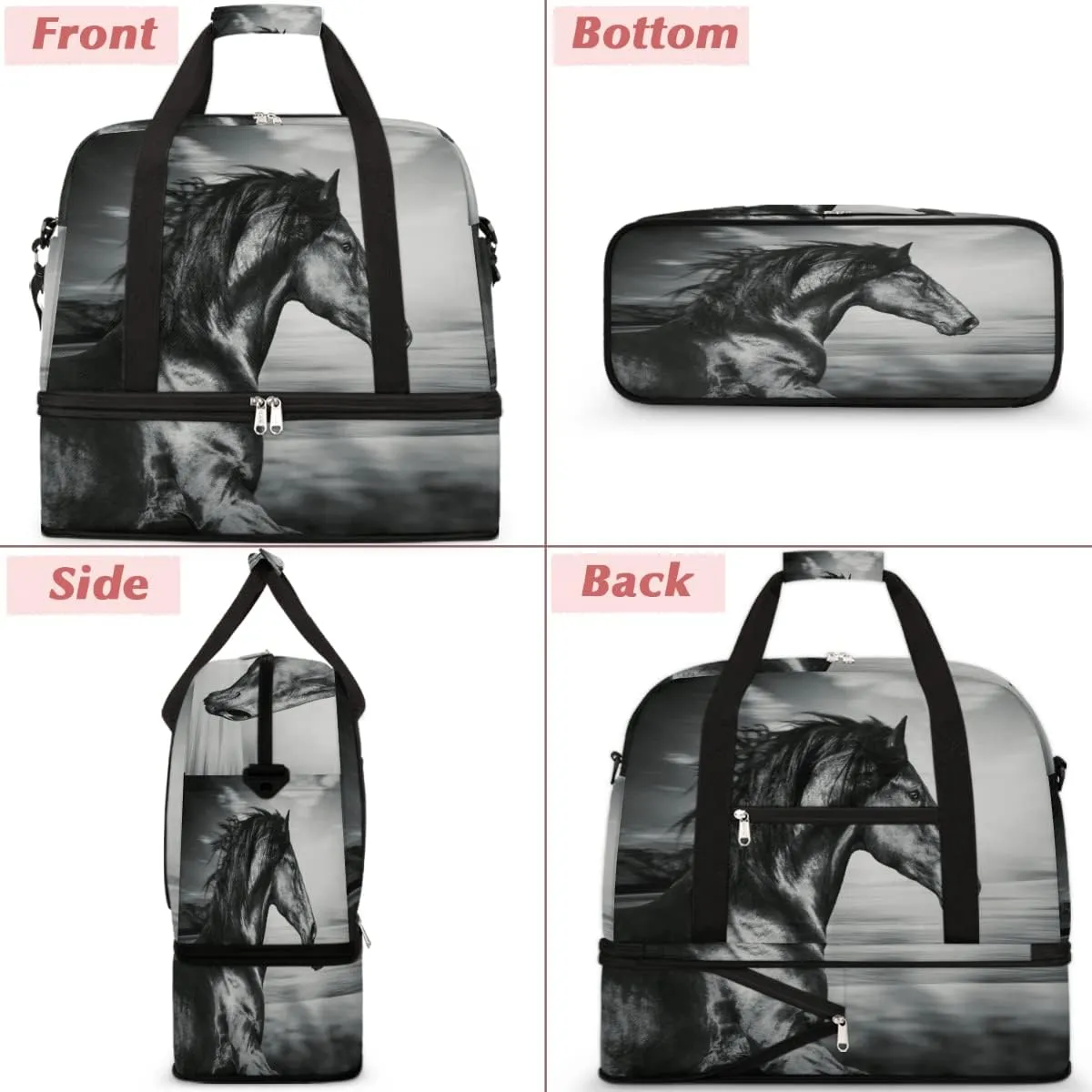 Travel Duffel Bag, Sport Gym Bag with Shoe Compartment Shoulder weekender Bag Foldable Overnight Bag for Women Men, Horse-03, One Size
