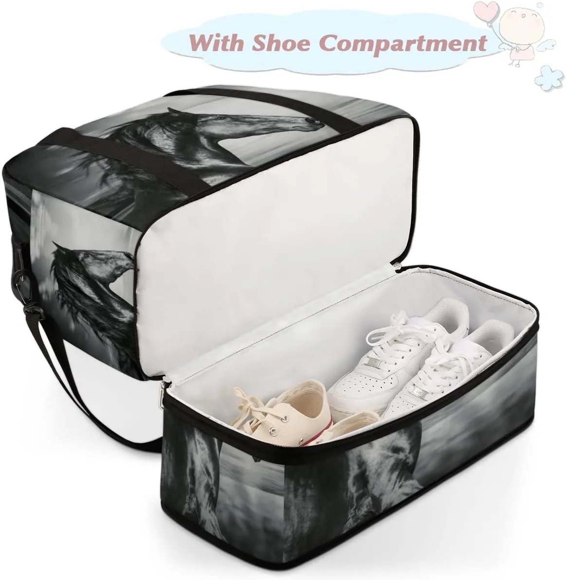 Travel Duffel Bag, Sport Gym Bag with Shoe Compartment Shoulder weekender Bag Foldable Overnight Bag for Women Men, Horse-03, One Size