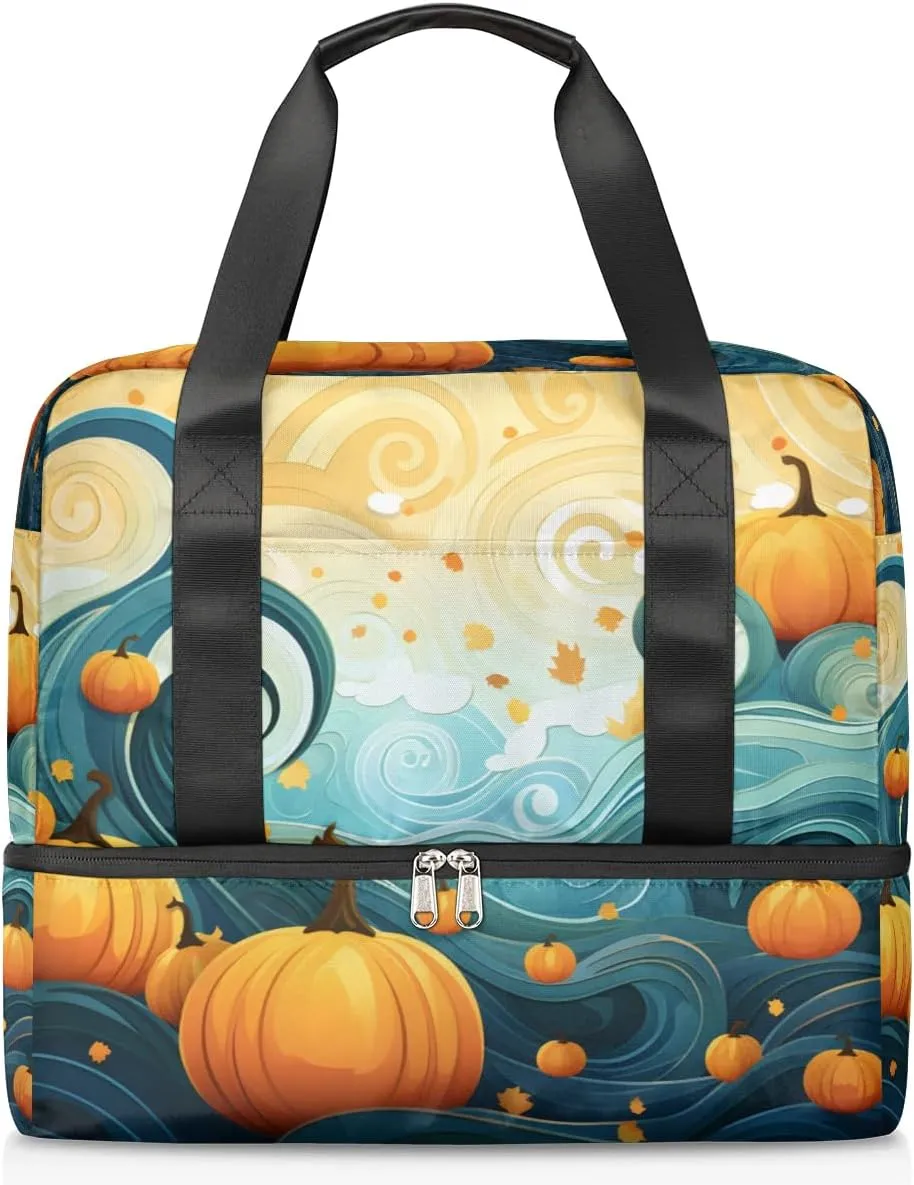 Travel Duffel Bags Autumn Pumpkin Sports Gym Bag with Wet Pocket & Shoes Compartment Large Duffel Bags Waterproof Overnight Bag Weekender Bags for Women Men