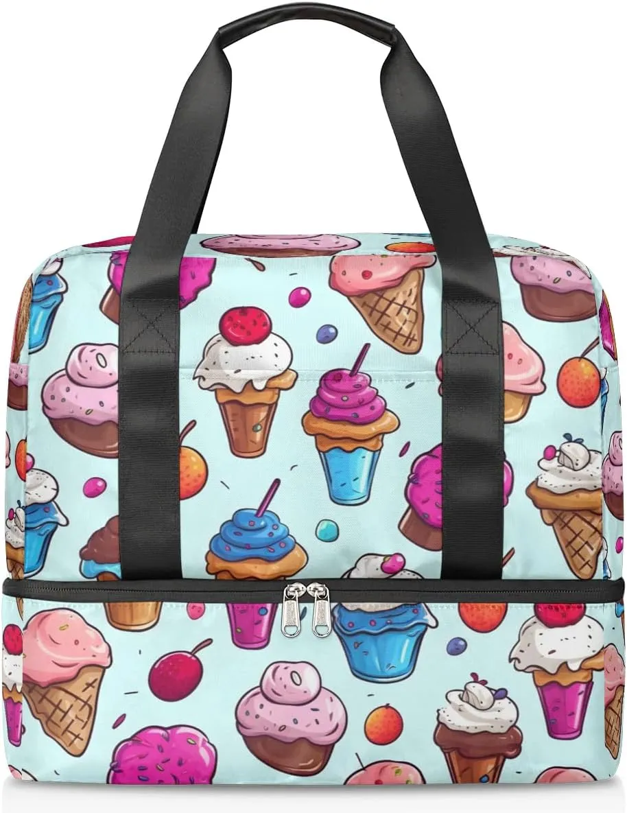 Travel Duffel Bags Colorful Ice Cream Sports Gym Bag with Wet Pocket & Shoes Compartment Large Duffel Bags Waterproof Overnight Bag Weekender Bags for Women Men
