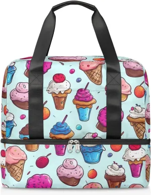 Travel Duffel Bags Colorful Ice Cream Sports Gym Bag with Wet Pocket & Shoes Compartment Large Duffel Bags Waterproof Overnight Bag Weekender Bags for Women Men
