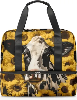 Travel Duffel Bags Cow Sunflower Sports Gym Bag with Wet Pocket & Shoes Compartment Large Duffel Bags Waterproof Overnight Bag Weekender Bags for Women Men