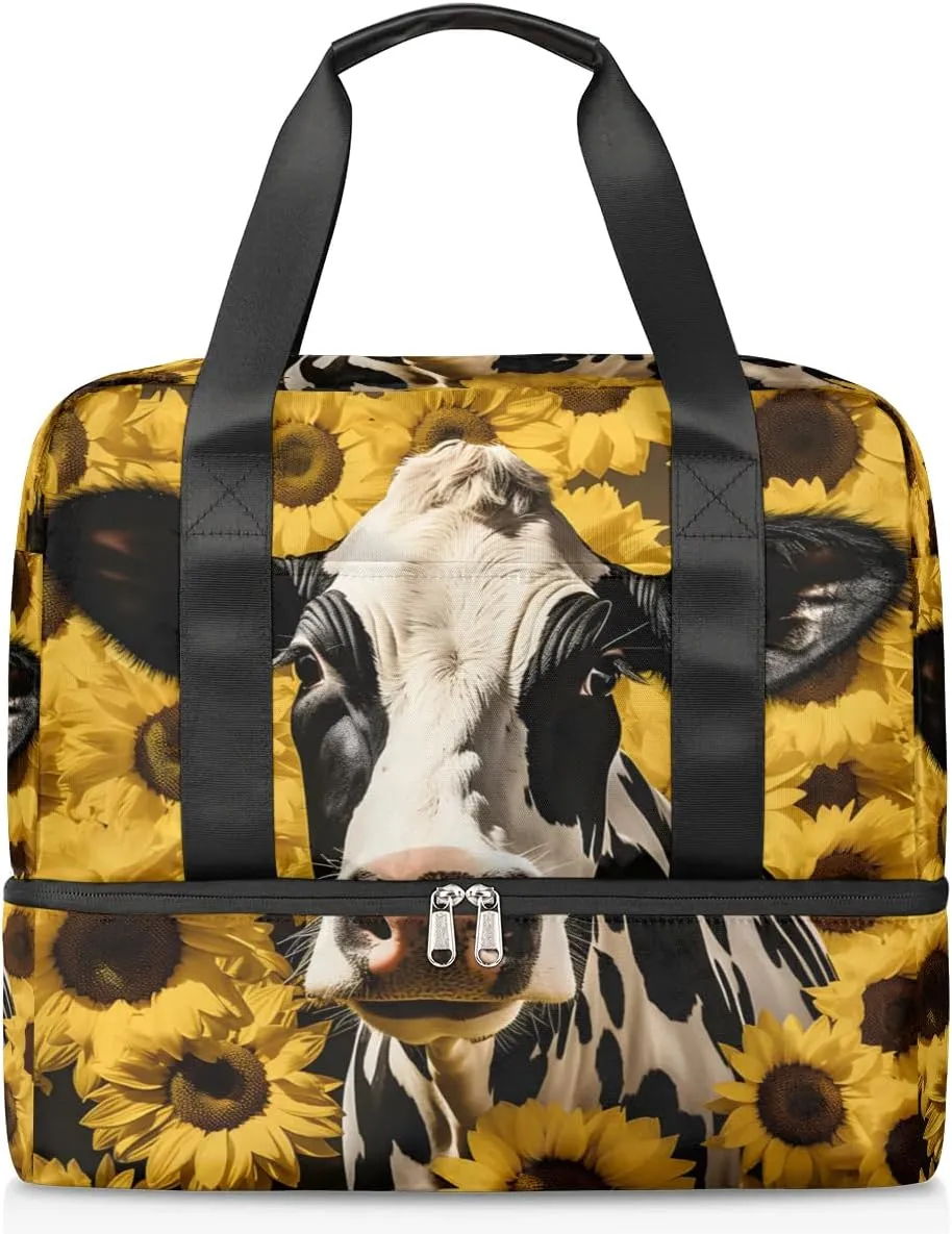 Travel Duffel Bags Cow Sunflower Sports Gym Bag with Wet Pocket & Shoes Compartment Large Duffel Bags Waterproof Overnight Bag Weekender Bags for Women Men