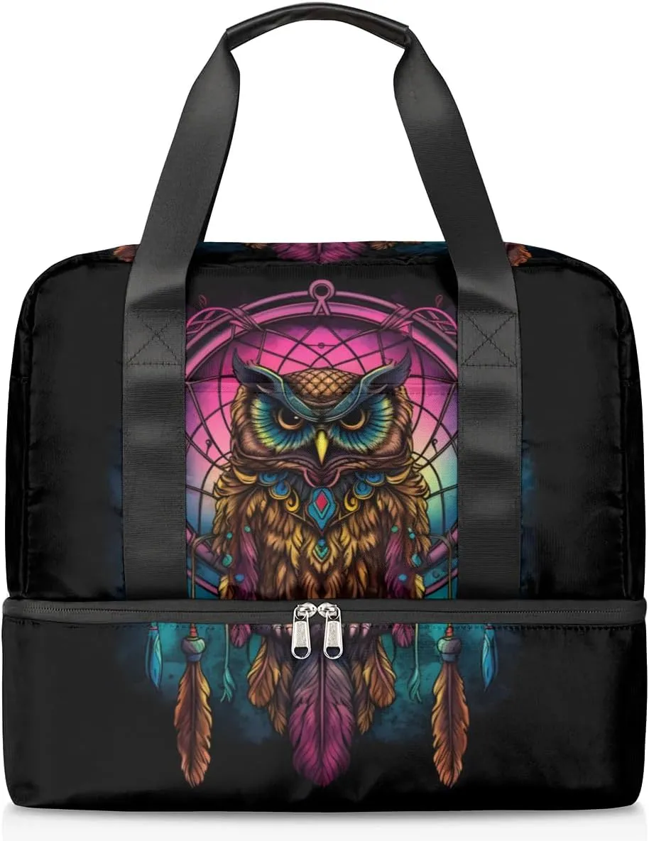 Travel Duffel Bags Dream Catcher Owl Sports Gym Bag with Wet Pocket & Shoes Compartment Large Duffel Bags Waterproof Overnight Bag Weekender Bags for Women Men