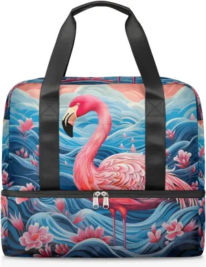 Travel Duffel Bags Flower Flamingo Sports Gym Bag with Wet Pocket & Shoes Compartment Large Duffel Bags Waterproof Overnight Bag Weekender Bags for Women Men