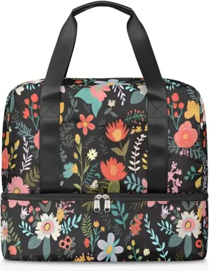 Travel Duffel Bags Flower Floral Sports Gym Bag with Wet Pocket & Shoes Compartment Large Duffel Bags Waterproof Overnight Bag Weekender Bags for Women Men