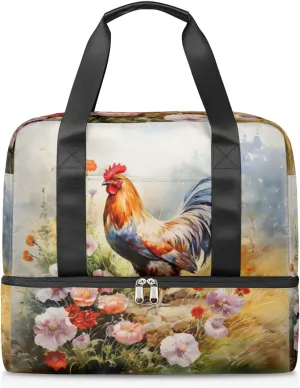 Travel Duffel Bags Flower Rooster Sports Gym Bag with Wet Pocket & Shoes Compartment Large Duffel Bags Waterproof Overnight Bag Weekender Bags for Women Men