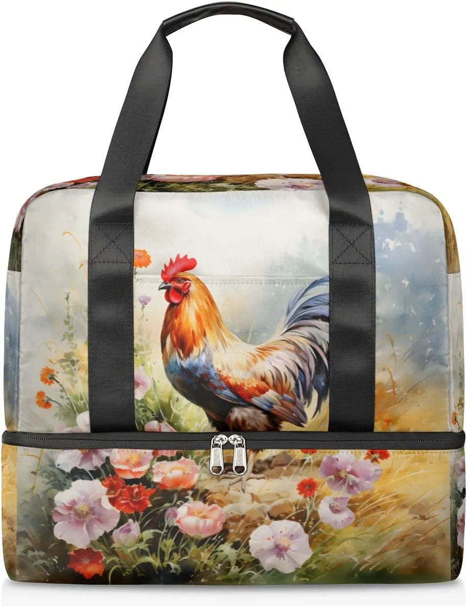 Travel Duffel Bags Flower Rooster Sports Gym Bag with Wet Pocket & Shoes Compartment Large Duffel Bags Waterproof Overnight Bag Weekender Bags for Women Men