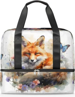 Travel Duffel Bags Fox Butterfly Sports Gym Bag with Wet Pocket & Shoes Compartment Large Duffel Bags Waterproof Overnight Bag Weekender Bags for Women Men