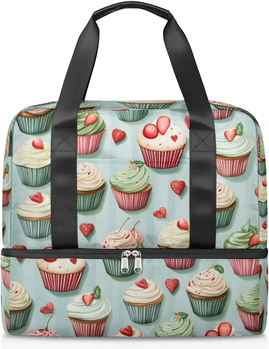Travel Duffel Bags Fruit Cupcake Sports Gym Bag with Wet Pocket & Shoes Compartment Large Duffel Bags Waterproof Overnight Bag Weekender Bags for Women Men