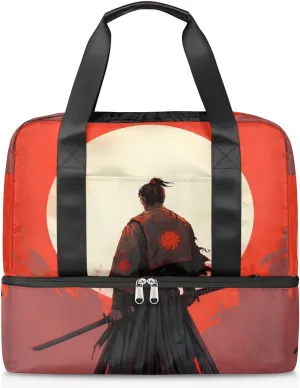 Travel Duffel Bags Japanese Samurai Sports Gym Bag with Wet Pocket & Shoes Compartment Large Duffel Bags Waterproof Overnight Bag Weekender Bags for Women Men