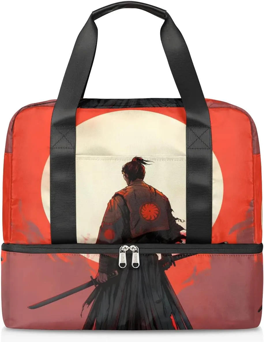 Travel Duffel Bags Japanese Samurai Sports Gym Bag with Wet Pocket & Shoes Compartment Large Duffel Bags Waterproof Overnight Bag Weekender Bags for Women Men