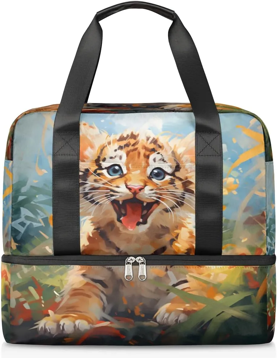 Travel Duffel Bags Lovely Tiger Sports Gym Bag with Wet Pocket & Shoes Compartment Large Duffel Bags Waterproof Overnight Bag Weekender Bags for Women Men