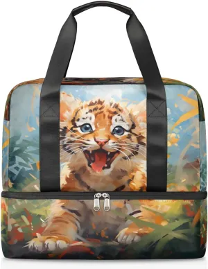 Travel Duffel Bags Lovely Tiger Sports Gym Bag with Wet Pocket & Shoes Compartment Large Duffel Bags Waterproof Overnight Bag Weekender Bags for Women Men