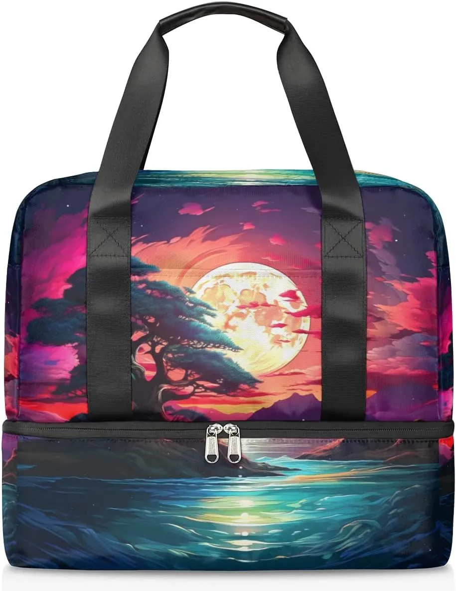 Travel Duffel Bags Moon Night Tree Sports Gym Bag with Wet Pocket & Shoes Compartment Large Duffel Bags Waterproof Overnight Bag Weekender Bags for Women Men