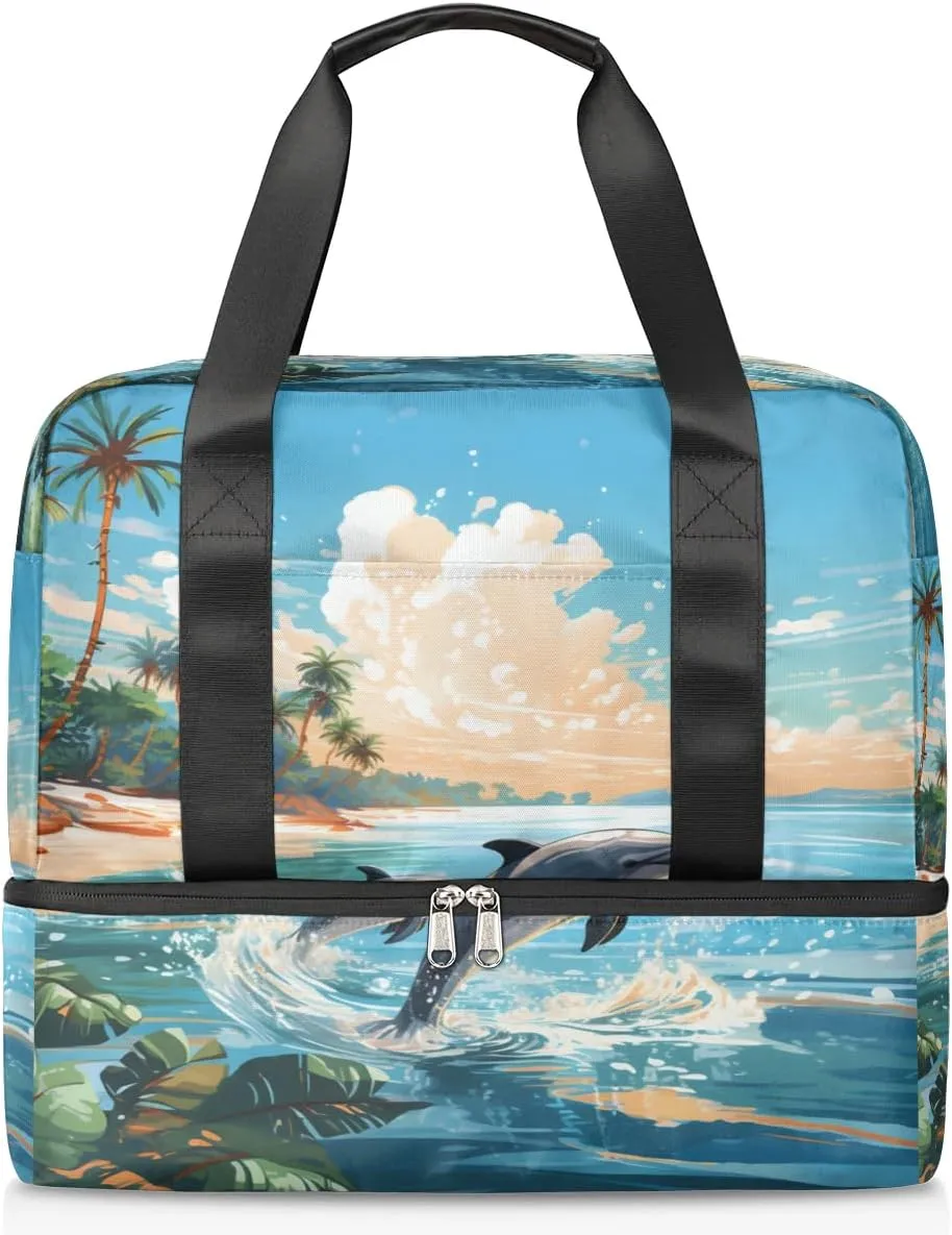 Travel Duffel Bags Ocean Dolphins Sports Gym Bag with Wet Pocket & Shoes Compartment Large Duffel Bags Waterproof Overnight Bag Weekender Bags for Women Men