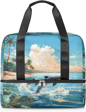 Travel Duffel Bags Ocean Dolphins Sports Gym Bag with Wet Pocket & Shoes Compartment Large Duffel Bags Waterproof Overnight Bag Weekender Bags for Women Men