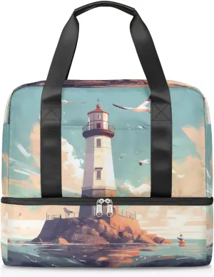 Travel Duffel Bags Ocean Lighthouse Sports Gym Bag with Wet Pocket & Shoes Compartment Large Duffel Bags Waterproof Overnight Bag Weekender Bags for Women Men