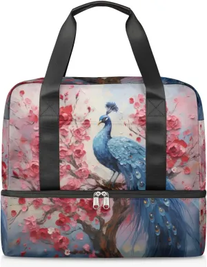 Travel Duffel Bags Oil Painting Peacock Sports Gym Bag with Wet Pocket & Shoes Compartment Large Duffel Bags Waterproof Overnight Bag Weekender Bags for Women Men