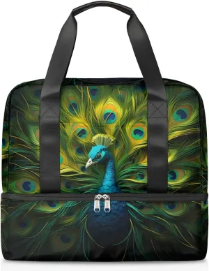 Travel Duffel Bags Peacock Feather Sports Gym Bag with Wet Pocket & Shoes Compartment Large Duffel Bags Waterproof Overnight Bag Weekender Bags for Women Men