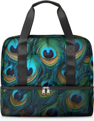 Travel Duffel Bags Peacock Feathers Sports Gym Bag with Wet Pocket & Shoes Compartment Large Duffel Bags Waterproof Overnight Bag Weekender Bags for Women Men