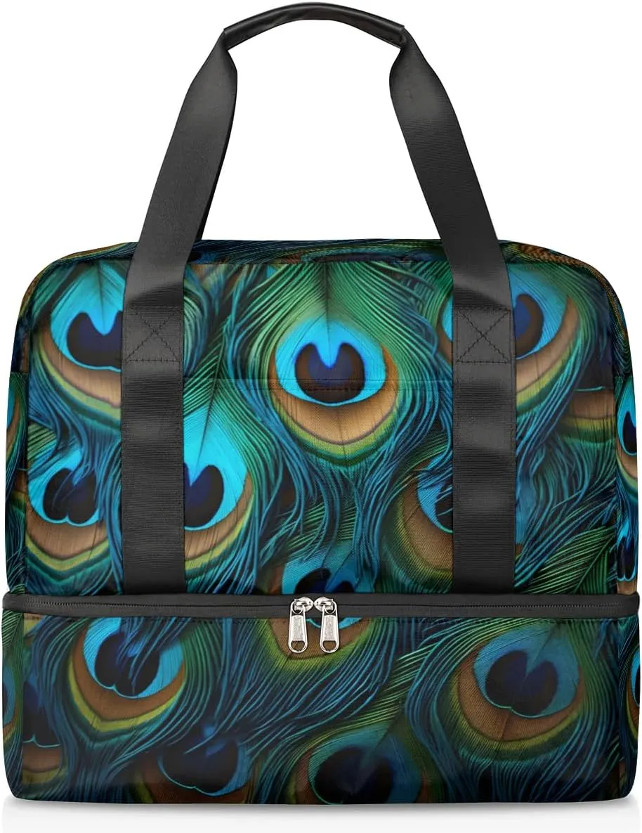 Travel Duffel Bags Peacock Feathers Sports Gym Bag with Wet Pocket & Shoes Compartment Large Duffel Bags Waterproof Overnight Bag Weekender Bags for Women Men