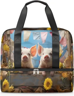 Travel Duffel Bags Pig Sunflower Sports Gym Bag with Wet Pocket & Shoes Compartment Large Duffel Bags Waterproof Overnight Bag Weekender Bags for Women Men