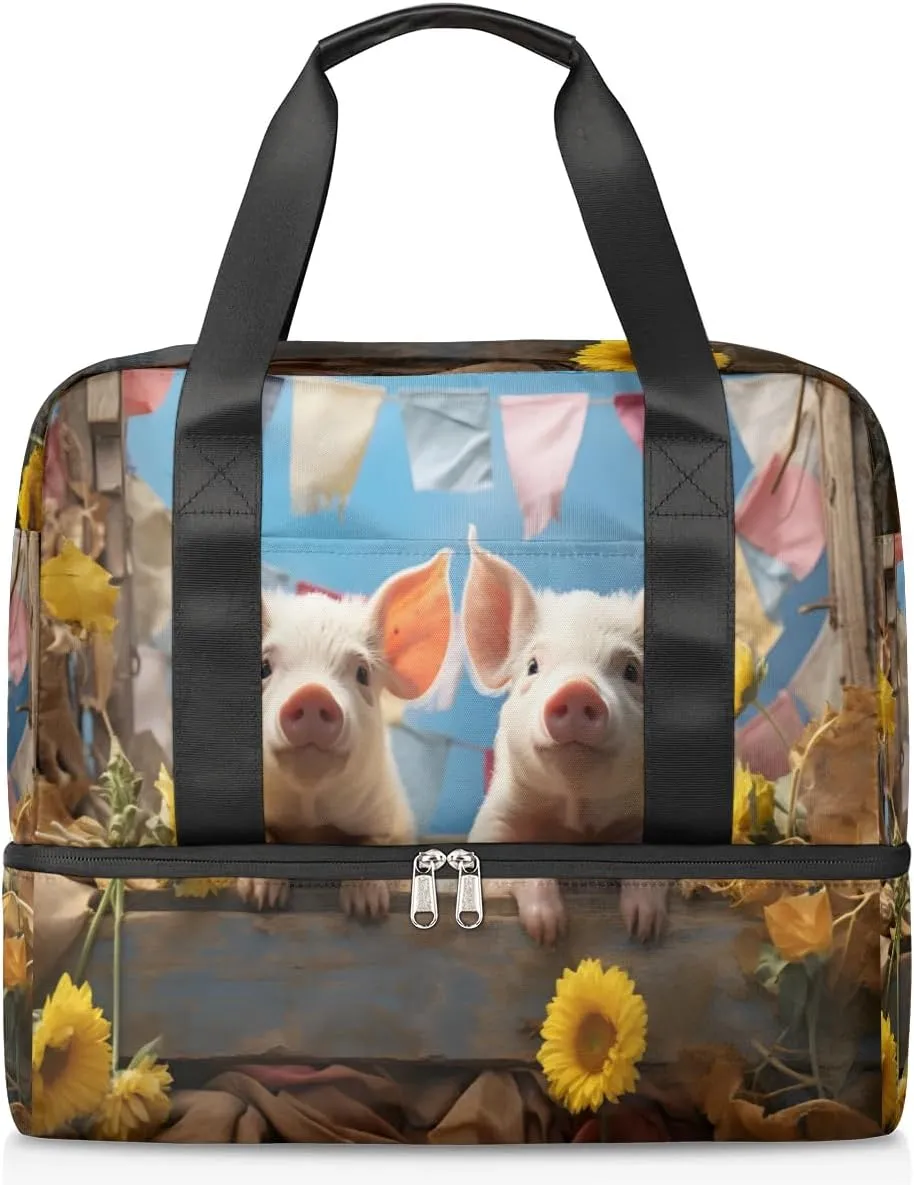 Travel Duffel Bags Pig Sunflower Sports Gym Bag with Wet Pocket & Shoes Compartment Large Duffel Bags Waterproof Overnight Bag Weekender Bags for Women Men