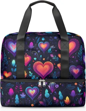 Travel Duffel Bags Red Love Heart Sports Gym Bag with Wet Pocket & Shoes Compartment Large Duffel Bags Waterproof Overnight Bag Weekender Bags for Women Men