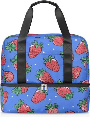 Travel Duffel Bags Red Strawberry Sports Gym Bag with Wet Pocket & Shoes Compartment Large Duffel Bags Waterproof Overnight Bag Weekender Bags for Women Men